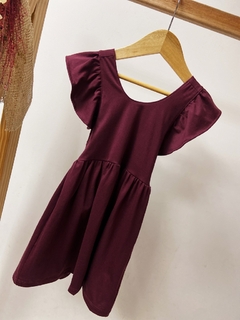 Pronta entrega - Vestido babado costas liso vinho botão em madeira na internet