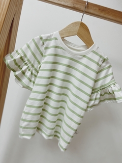 Pronta entrega - Blusa Kids manga curta com babado off listrado verde fábula