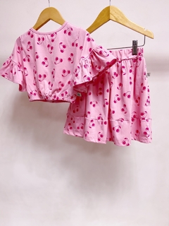 Pronta entrega - Conjunto cropped manga babado botão pérola + saia mini babados cherry - You Boy Kids