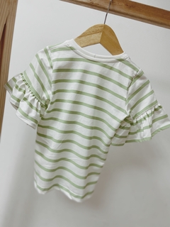 Pronta entrega - Blusa Kids manga curta com babado off listrado verde fábula - loja online