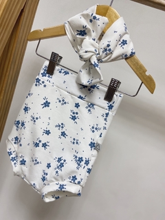 Pronta entrega - Shorts Hotpant com turbante Moletinho com elastano estampado floral azul vintage - comprar online