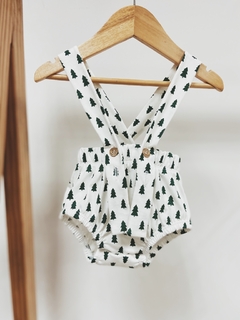 pronta entrega - Romper alça com botões estampado off pinheirinhos verde