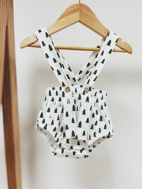 pronta entrega - Romper alça com botões estampado off pinheirinhos verde