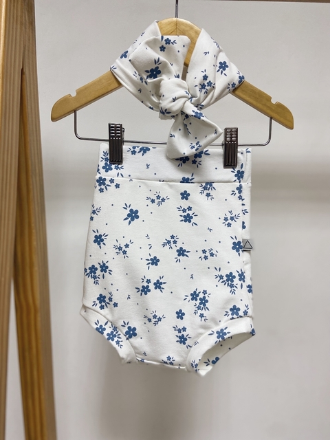 Pronta entrega - Shorts Hotpant com turbante Moletinho com elastano estampado floral azul vintage