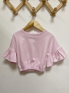 Pronta entrega - Cropped manga curta babado botão pérola rosa claro