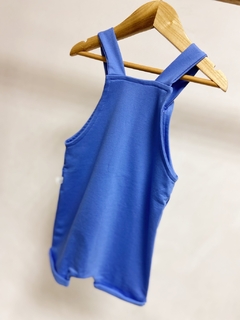 Pronta entrega - Jardineira kids curta barra virada alça nó blue na internet