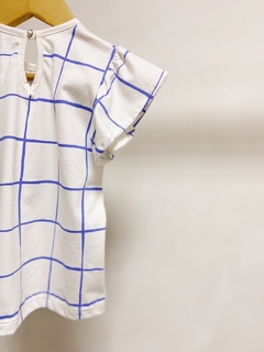 Pronta entrega - Blusa babado blue grid detalhe botao perola