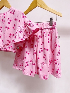 Pronta entrega - Conjunto cropped manga babado botão pérola + saia mini babados cherry na internet