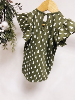 Pronta entrega - Blusa babado verde cactus pinheirinhos off botão pérola