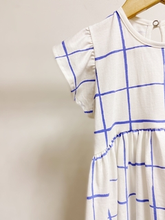 Imagem do Pronta entrega - Vestido Mullet babado blue grid detalhe botao perola