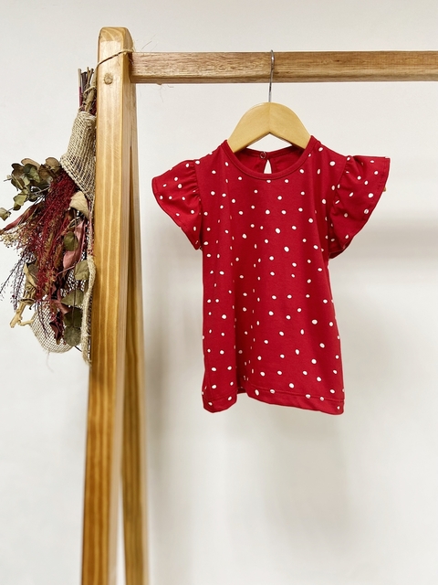 Pronta entrega - Blusa Kids manga babado estampado vermelho bolinhas off botão em pérola