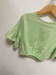 Pronta entrega - Cropped manga curta babado botão pérola verde fábula