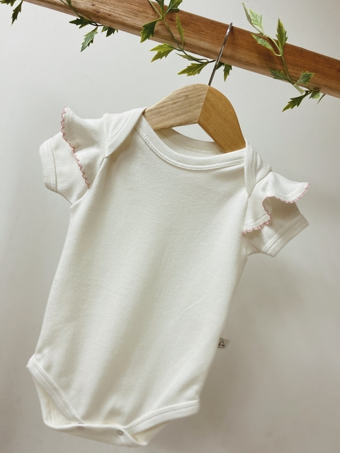 Pronta entrega - Body manga curta off babado bordado picueta rosa claro