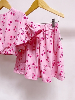 Imagem do Pronta entrega - Conjunto cropped manga babado botão pérola + saia mini babados cherry