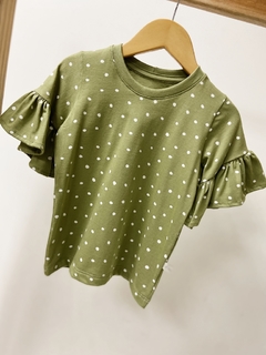 Pronta entrega - Blusa manga curta com babado oliva bolinhas off - comprar online