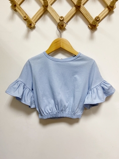 Pronta entrega - Cropped manga curta babado botão pérola aqua