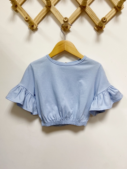 Pronta entrega - Cropped manga curta babado botão pérola aqua
