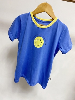 Pronta entrega - Camiseta kids manga curta blue what makes you happy detalhe gola