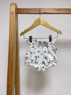 Shorts kids cintura alta Moletinho estampado floral azul denim