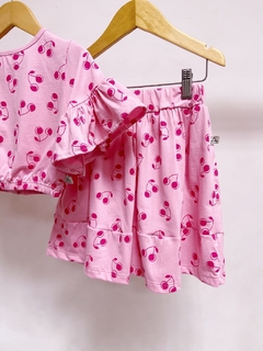 Pronta entrega - Conjunto cropped manga babado botão pérola + saia mini babados cherry