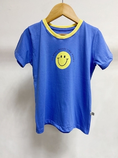 Pronta entrega - Camiseta kids manga curta blue what makes you happy detalhe gola - loja online