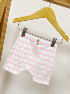 Pronta entrega - bermuda baby harém botões madeira estampado listrado rosa claro