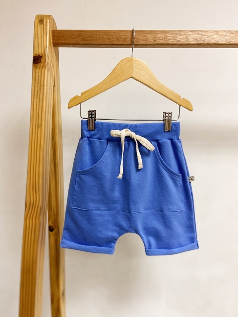 pronta entrega- Bermuda Saruel kids bolso canguru moletinho blue