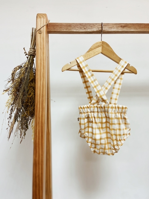 Pronta entrega - Romper alça com botões xadrez mostarda