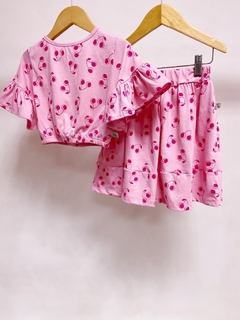 Pronta entrega - Conjunto cropped manga babado botão pérola + saia mini babados cherry na internet