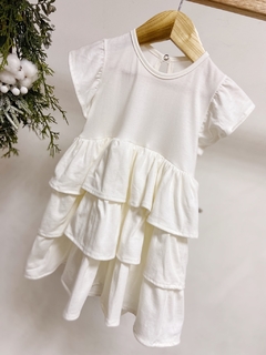 Pronta entrega - Vestido manga babado saia babados botão pérola off