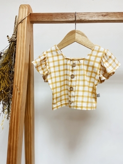 Pronta entrega - Conjunto cropped babado + shorts babado xadrez mostarda - loja online
