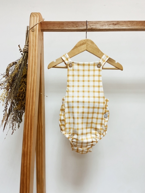 Pronta entrega - Romper baby com botões estampado xadrez mostarda