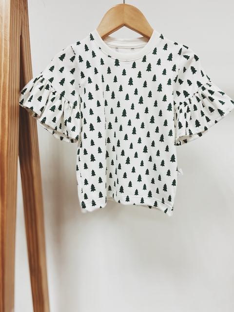 Pronta entrega - Blusa Kids manga curta com babado estampado off pinheirinhos verde