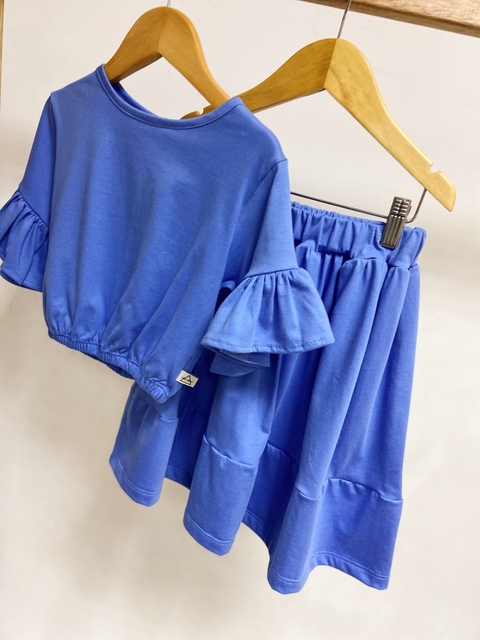Pronta entrega - conjunto cropped + Saia midi kids babado blue