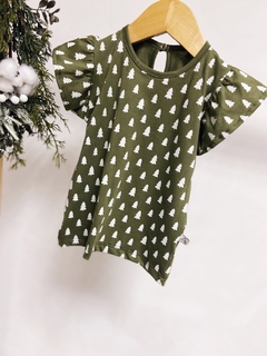 Pronta entrega - Blusa babado verde cactus pinheirinhos off botão pérola