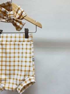 Pronta entrega -Shorts Hotpant com turbante Moletinho com elastano estampado xadrez mostarda - You Boy Kids