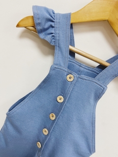 Pronta entrega - Macaquinho botões alça babado com elastano azul denim