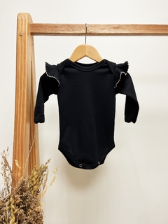 Pronta Entrega - Body manga longa preto com babado detalhe picueta off na internet