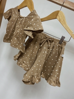 Pronta Entrega - Conjunto cropped babado + shorts babado bolinhas avelã