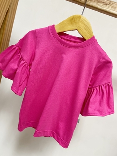 Pronta entrega - Blusa Kids manga curta com babado Liso basics pitaya