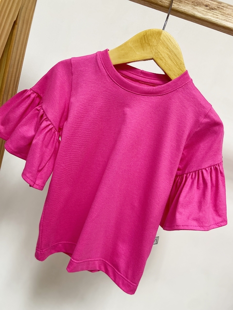 Pronta entrega - Blusa Kids manga curta com babado Liso basics pitaya