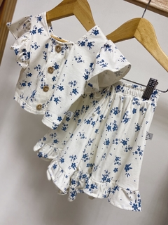 Pronta entrega - Conjunto cropped babado + shorts babado floral azul vintage - comprar online