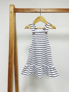 Pronta entrega - Salopete com babado kids Botoes madeira natural Listras - comprar online