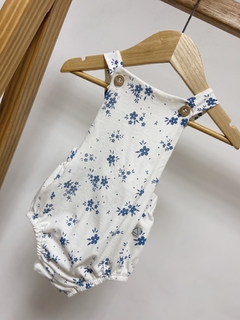 Pronta entrega - Romper baby com botões estampa floral azul vintage