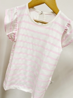 Pronta entrega - Blusa babado listrada rosa claro detalhe botao perola