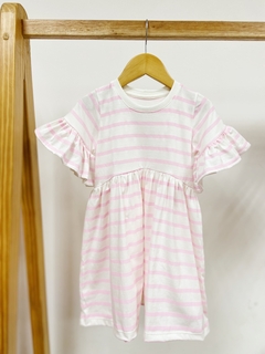 Pronta entrega - Vestido Mullet manga curta com babado listrado rosa