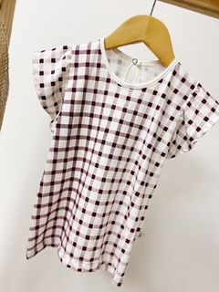 Pronta entrega - Blusa Kids manga babado estampado off xadrez vinho