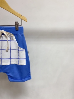 Pronta entrega - bermuda Saruel kids blue bolso canguru estampado blue grid na internet