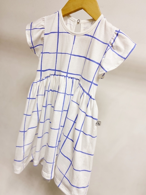 Pronta entrega - Vestido Mullet babado blue grid detalhe botao perola