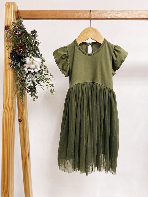 Pronta entrega - Vestido Mullet kids manga babado saia tule verde cactus